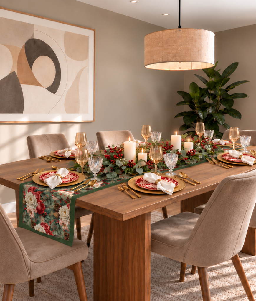 Decoración navideña con camino Evergreen Sprigs, eucalipto, bayas y velas blancas