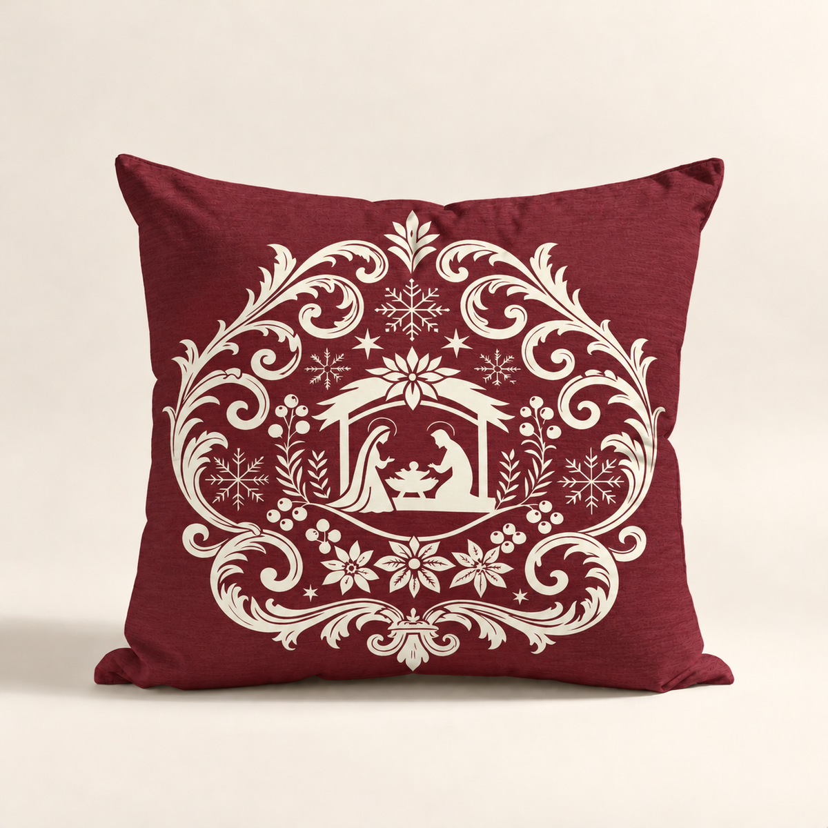 Cojin Navideño Burgundy Starlit Manor con estampado del Portal De Belén