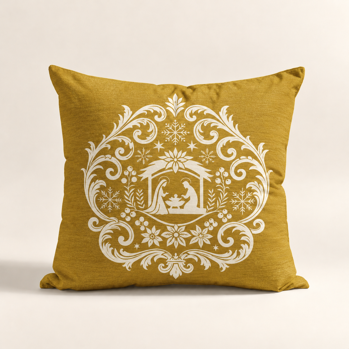 Cojin Navideño Mustard Starlit Manor con estampado del Portal De Belén