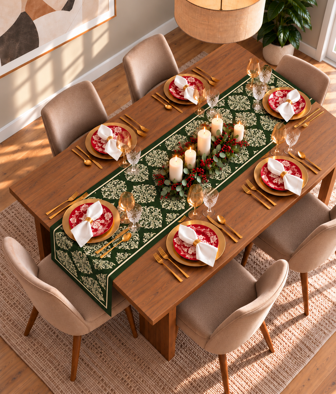 Mesa de Navidad elegante con camino de mesa verde Green Christmas Library