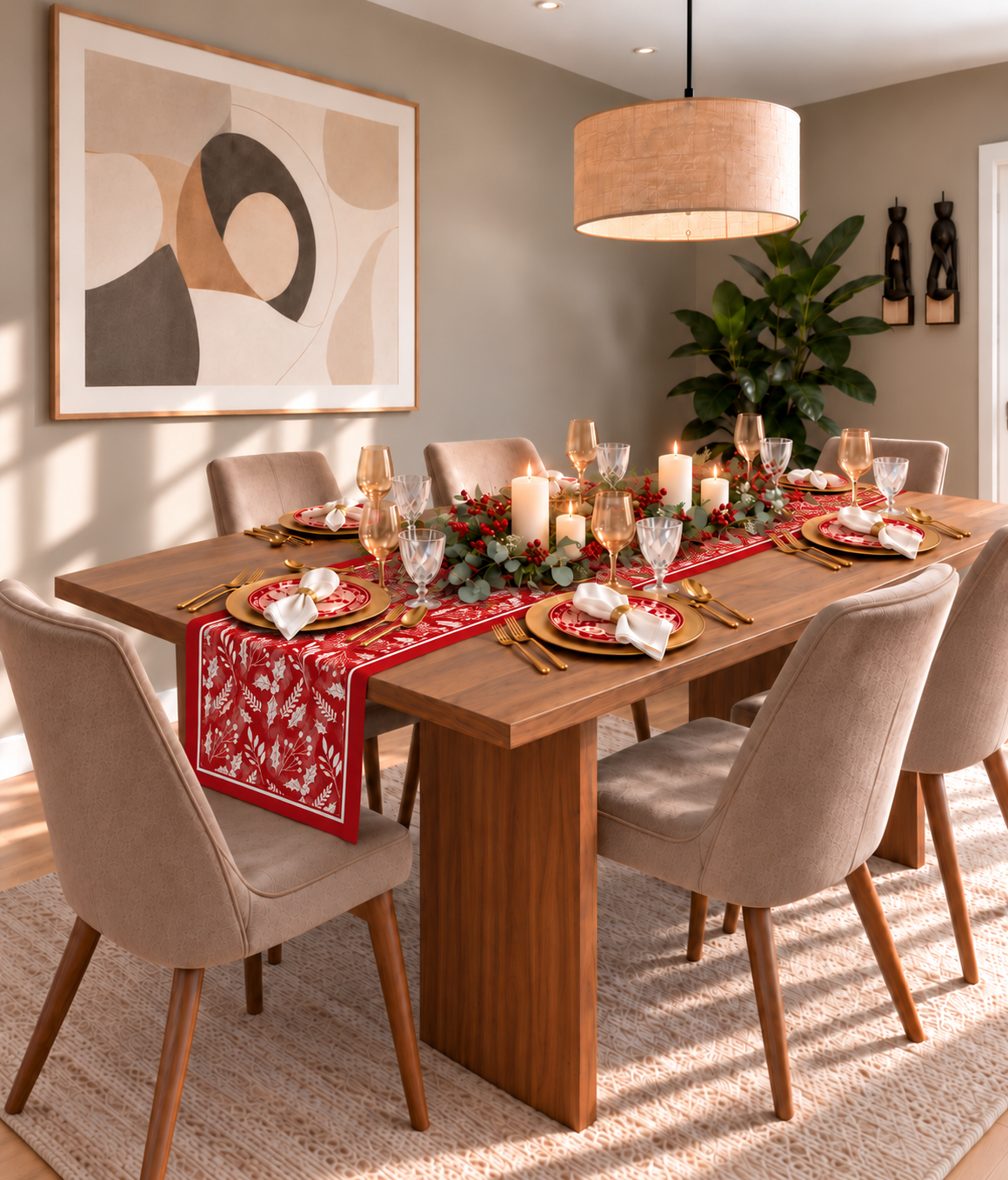 Diseño Red Christmas Blooms con hojas, ramas y motivos botánicos blancos sobre fondo rojo