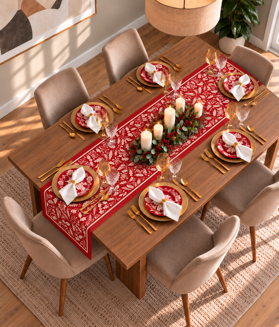 Mesa de Navidad elegante con camino Red Christmas Blooms, vajilla roja y cubiertos dorados