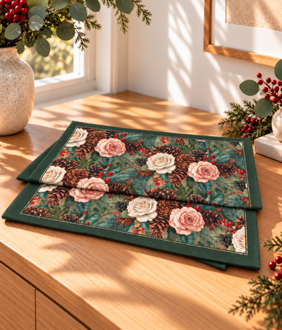 Camino de mesa navideño Heritage Holiday de Pyctorella con rosas y follaje verde