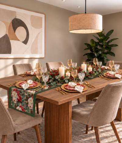 Decoración navideña con camino Evergreen Sprigs, eucalipto, bayas y velas blancas