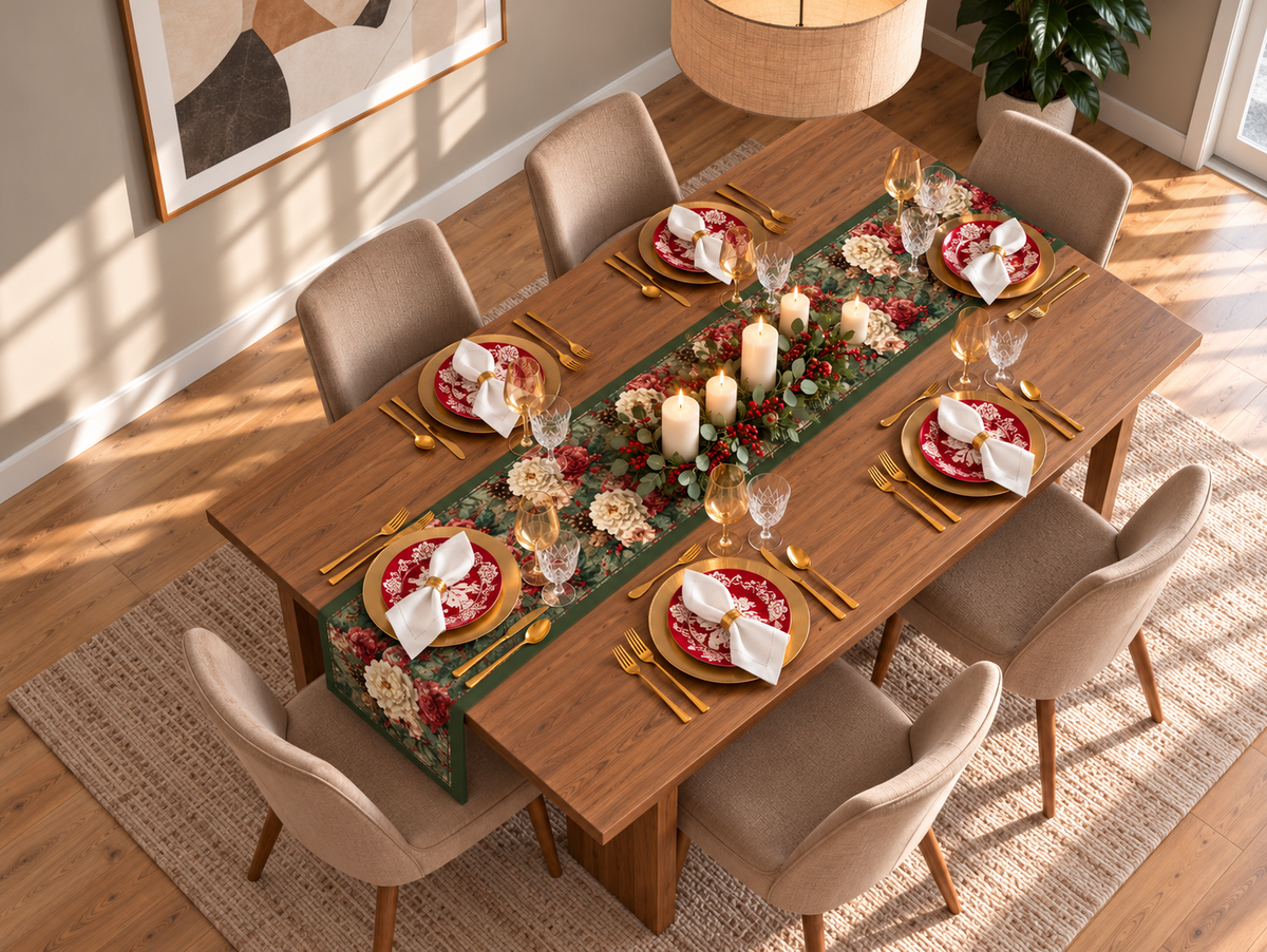Vista superior de mesa de Navidad con camino Evergreen Sprigs