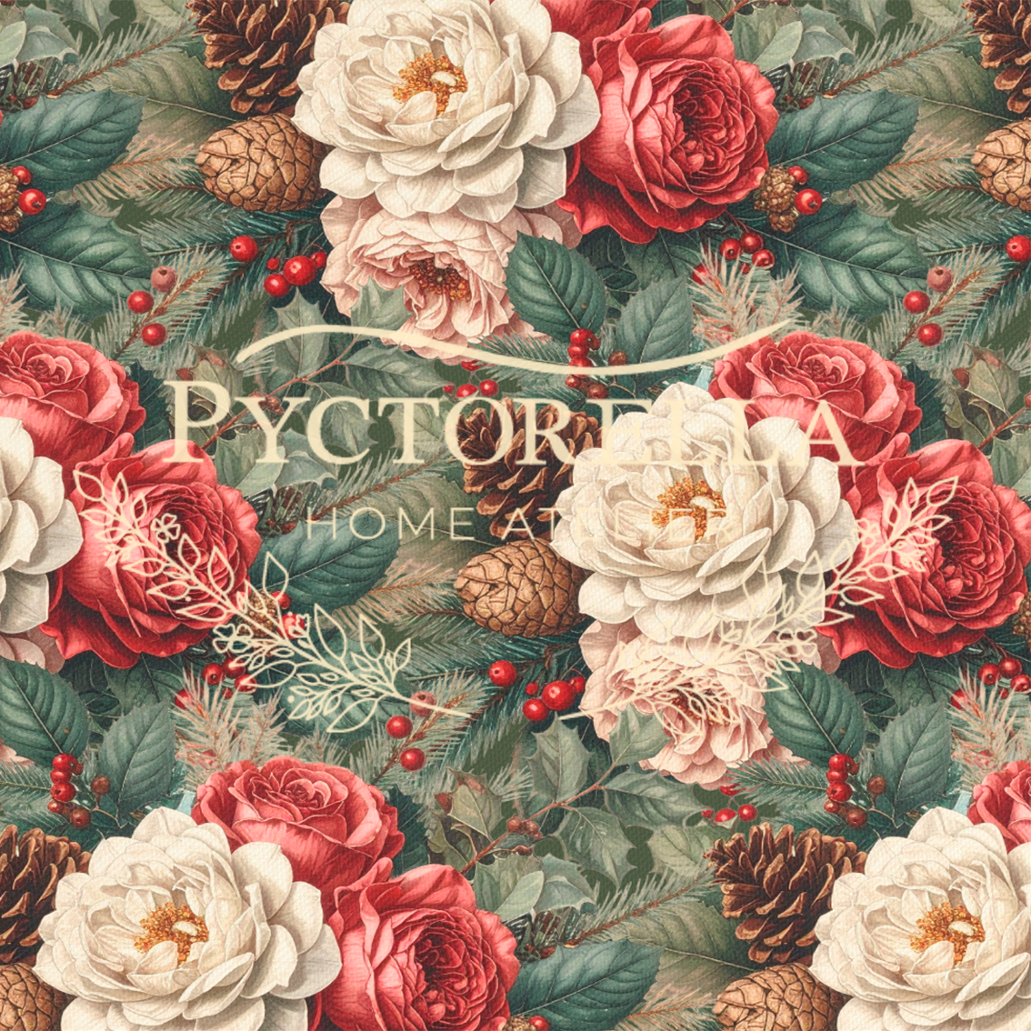 Detalle del estampado Evergreen Sprigs con flores, bayas, follaje y piñas
