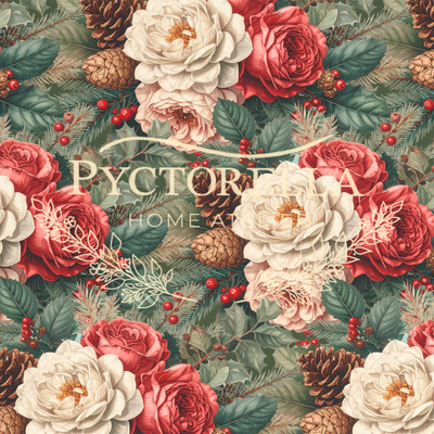Detalle del estampado Evergreen Sprigs con flores, bayas, follaje y piñas