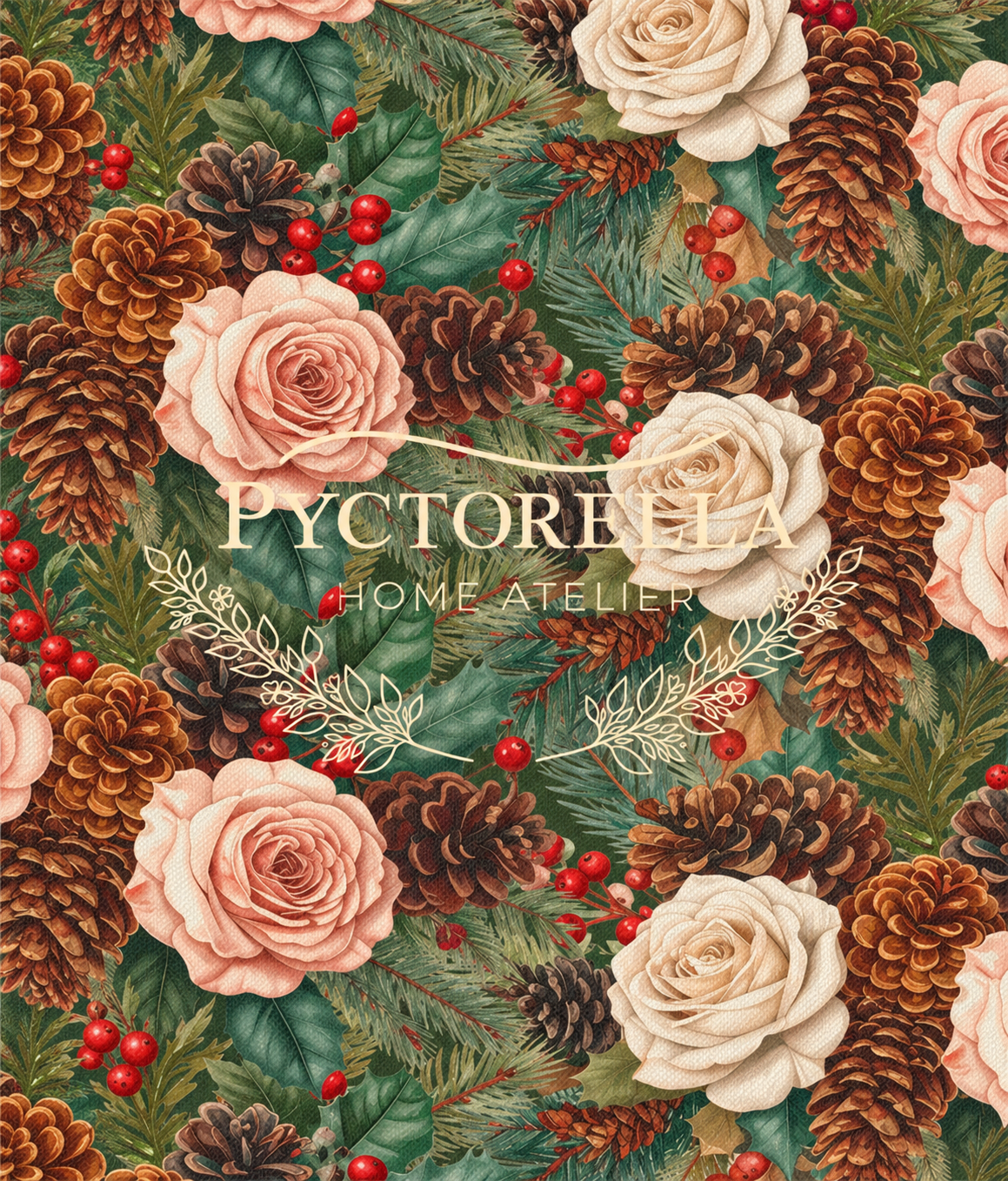 Estampado Heritage Holiday con rosas marfil y rosadas, piñas de pino y bayas rojas