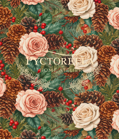 Estampado Heritage Holiday con rosas marfil y rosadas, piñas de pino y bayas rojas