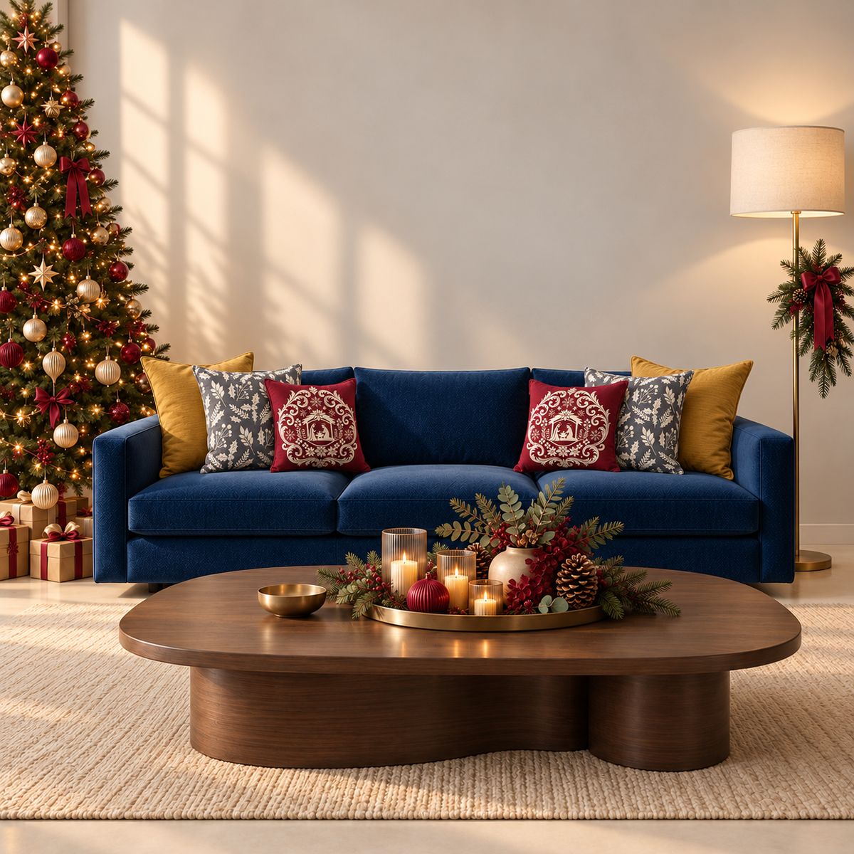 Cojines decorativos navideños Pyctorella en tonos burgundy, dorado y gris sobre sofá azul, con árbol de Navidad y decoración elegante para sala moderna.