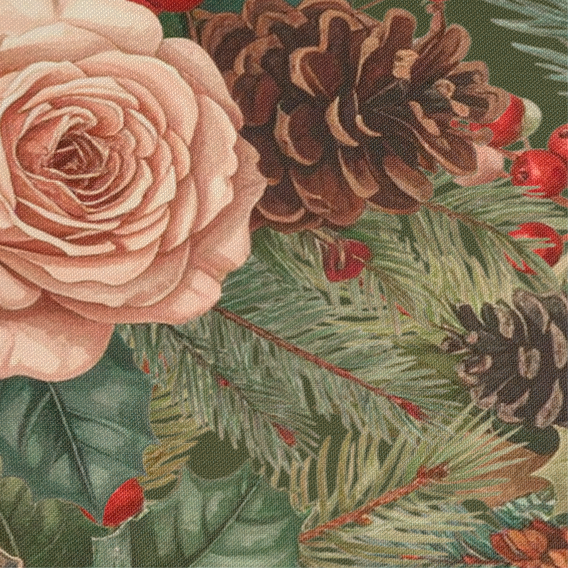 Detalle del camino de mesa Heritage Holiday con estampado floral y borde verde