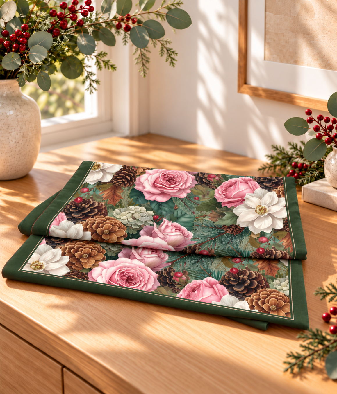 Camino de mesa navideño Evergreen Garland de Pyctorella con estampado floral