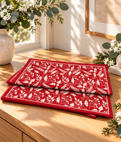 Camino de mesa navideño rojo Red Christmas Blooms de Pyctorella con estampado botánico blanco