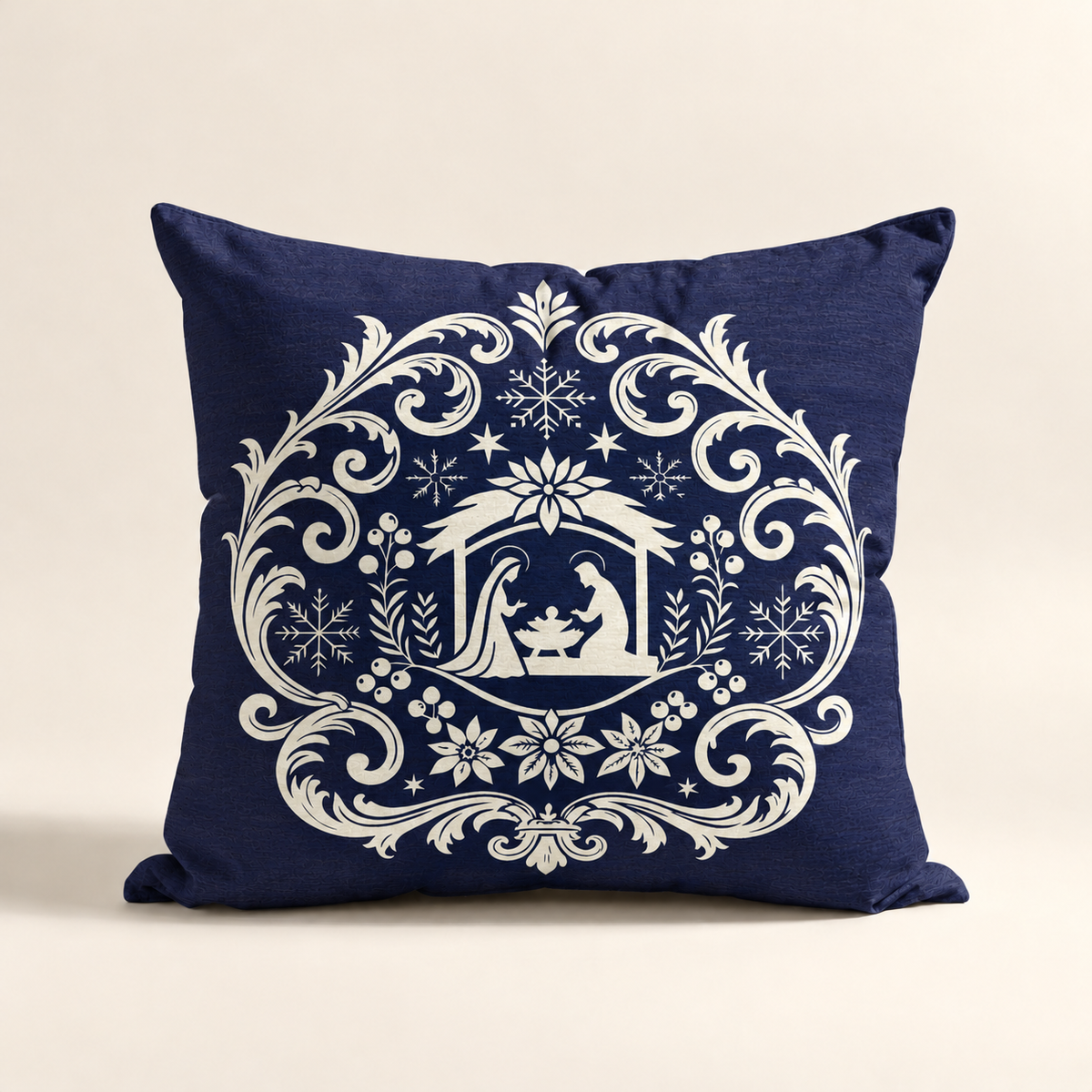 Cojin Navideño Blue Starlit Manor con estampado del Portal De Belén