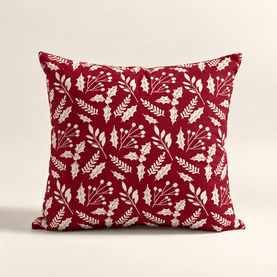 Cojin navideño burgundy con diseño botánico moderno