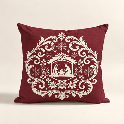 Cojin Navideño Burgundy Starlit Manor con estampado del Portal De Belén
