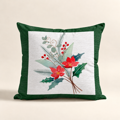 Cojin Navideño Green Bouquet con estampado floral de acuarelas enmarcado en verde