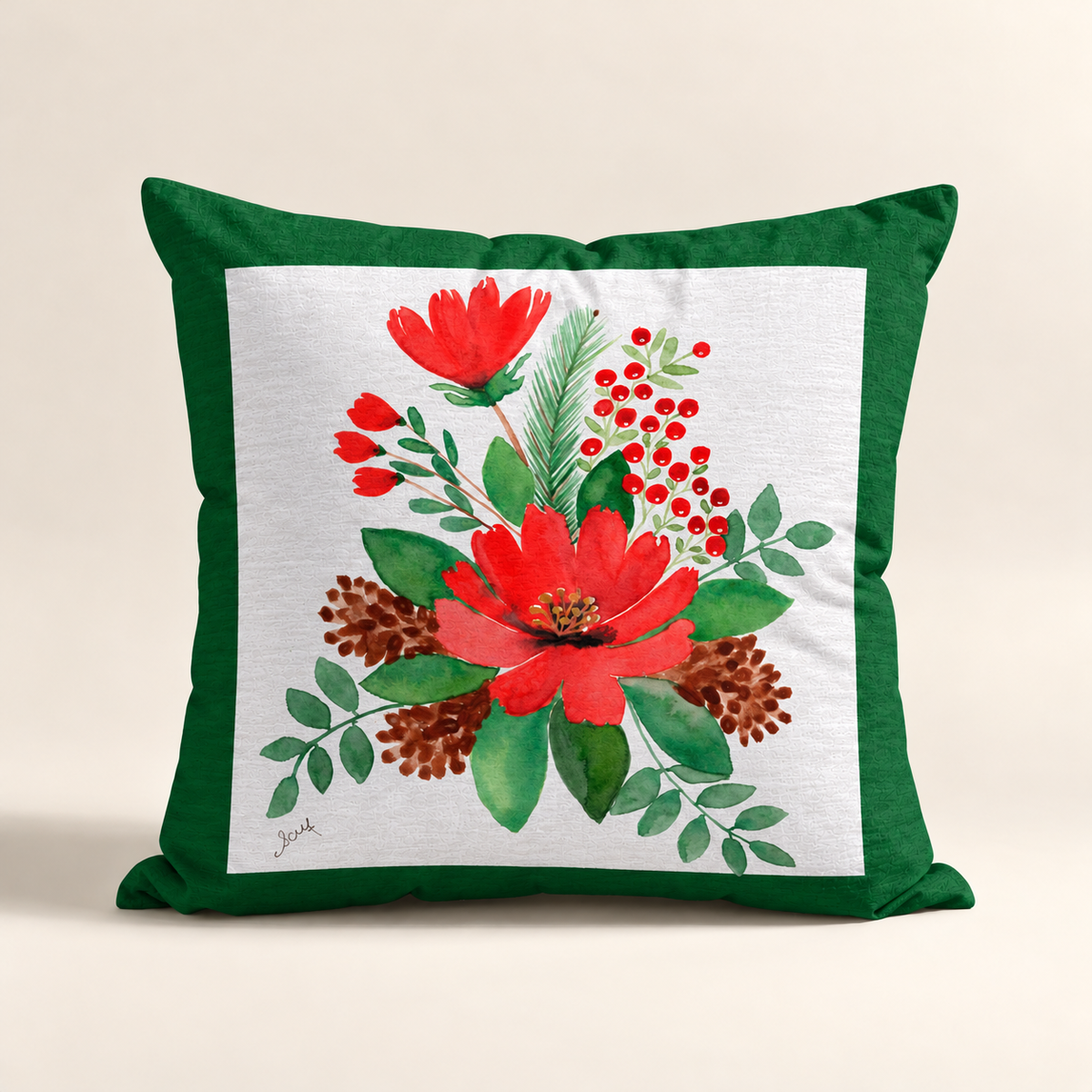 Cojin Navideño Chirstmas Green Branches con estampado floral de acuarelas enmarcado en verde