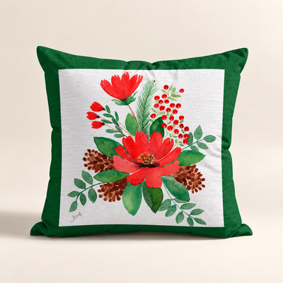 Cojin Navideño Chirstmas Green Branches con estampado floral de acuarelas enmarcado en verde