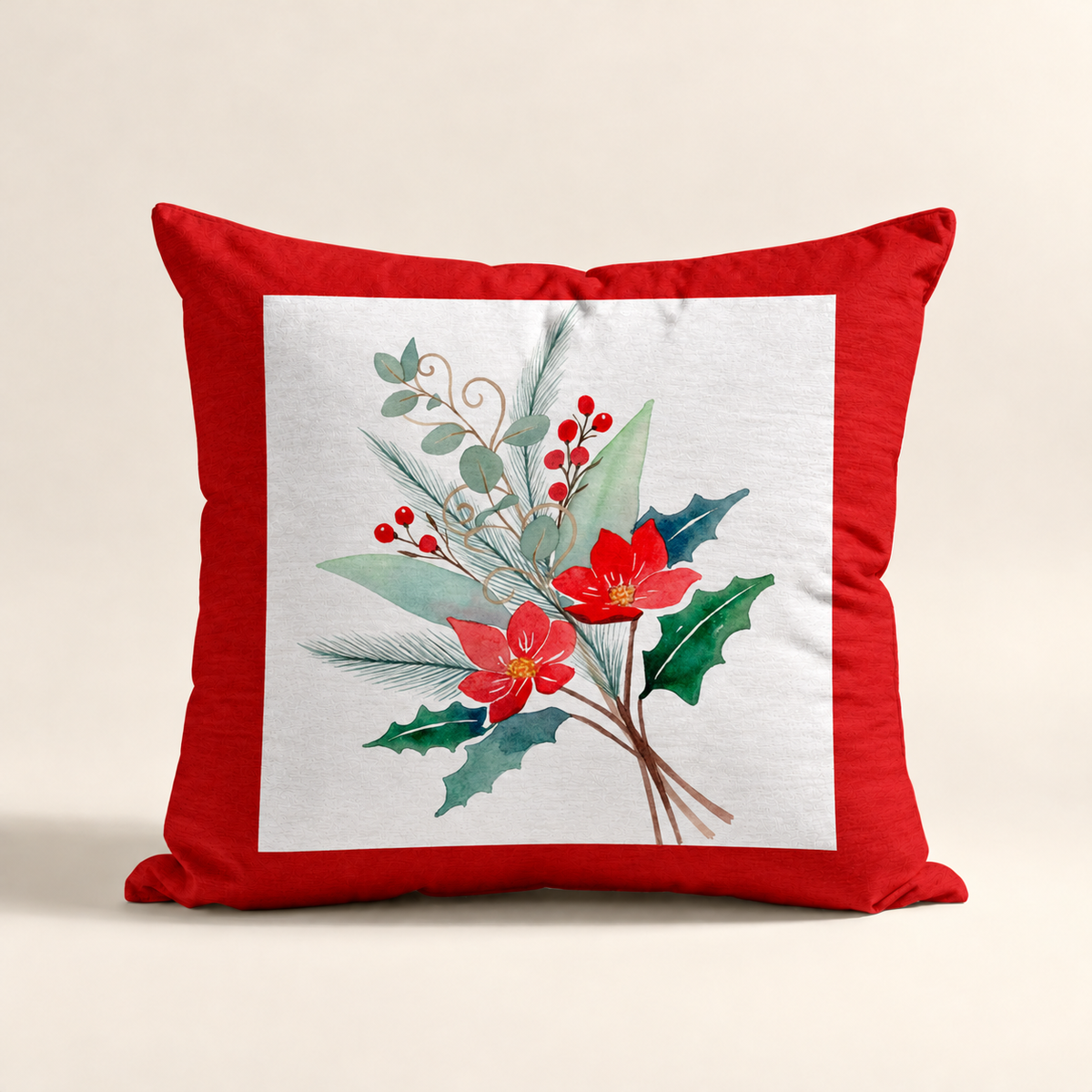 Cojin Navideño Red Bouquet con estampado floral de acuarelas enmarcado en rojo