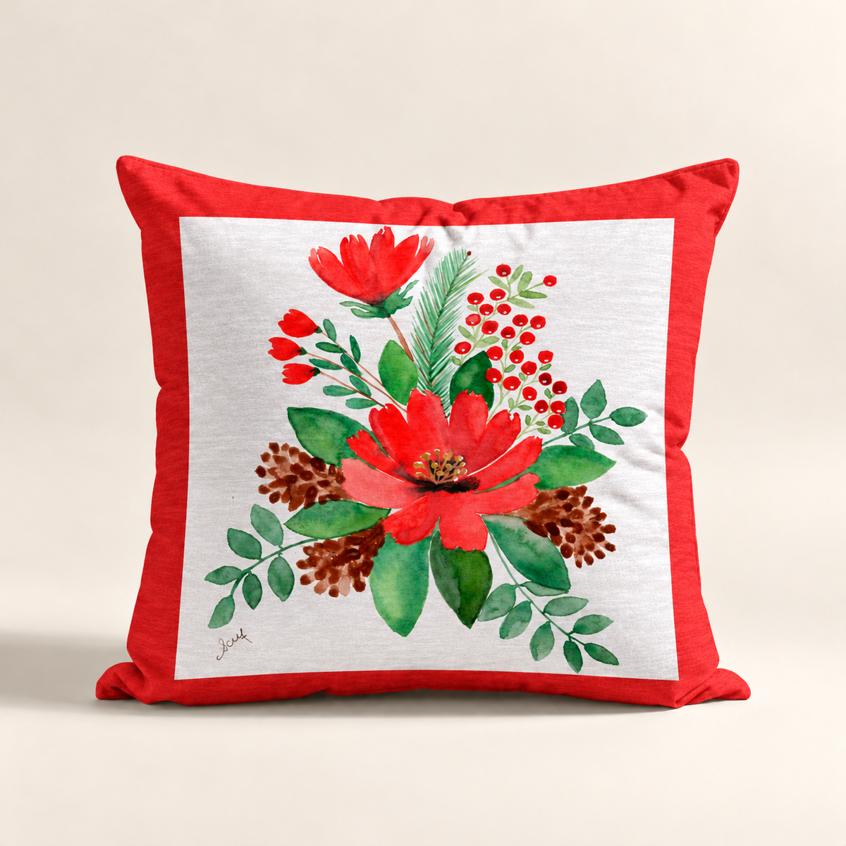 Cojin Navideño Chirstmas Red Branches con estampado floral de acuarelas enmarcado en rojo