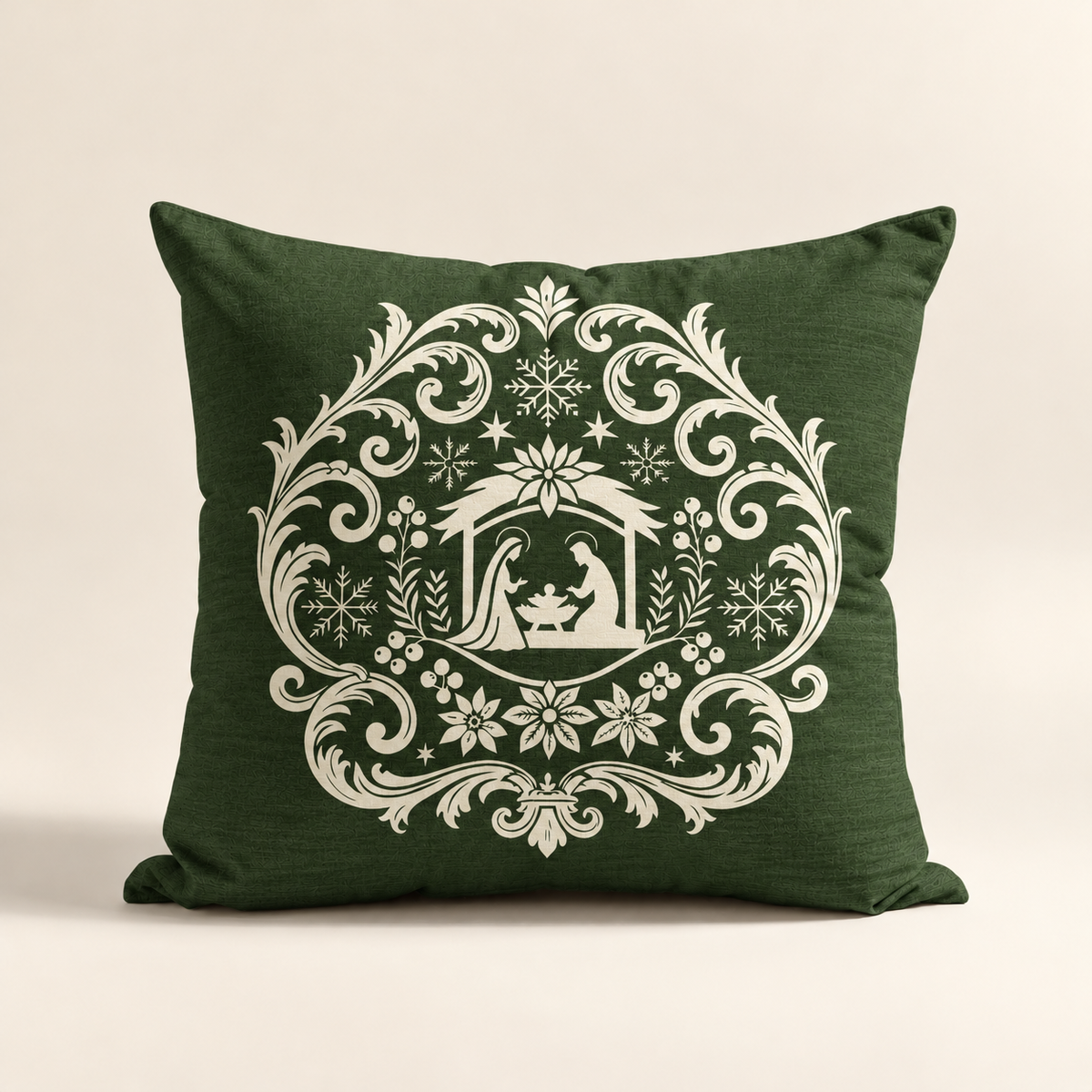 Cojin Navideño Green Starlit Manor con estampado del Portal De Belén