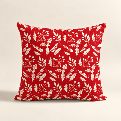 Cojin navideño rojo con diseño botánico moderno