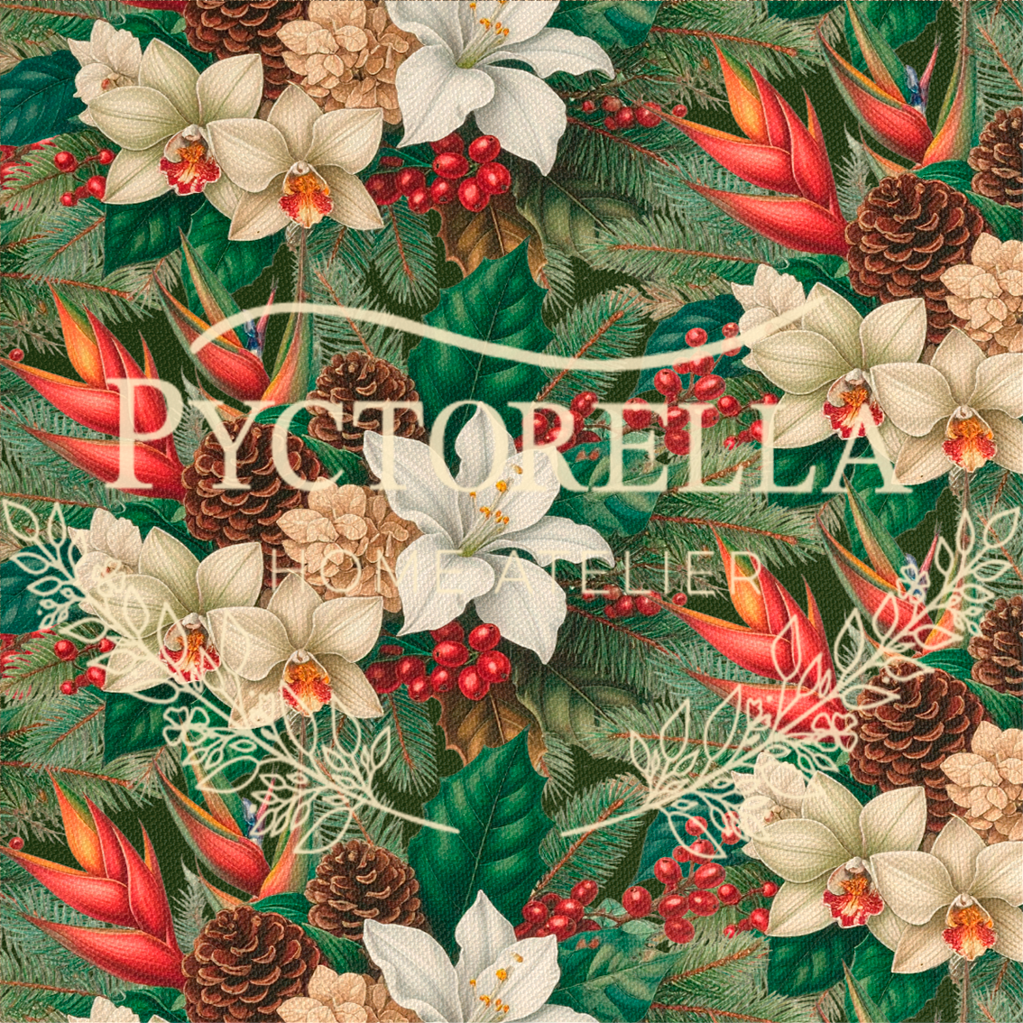 Detalle del diseño floral Colombian Holidays con flores blancas y follaje verde