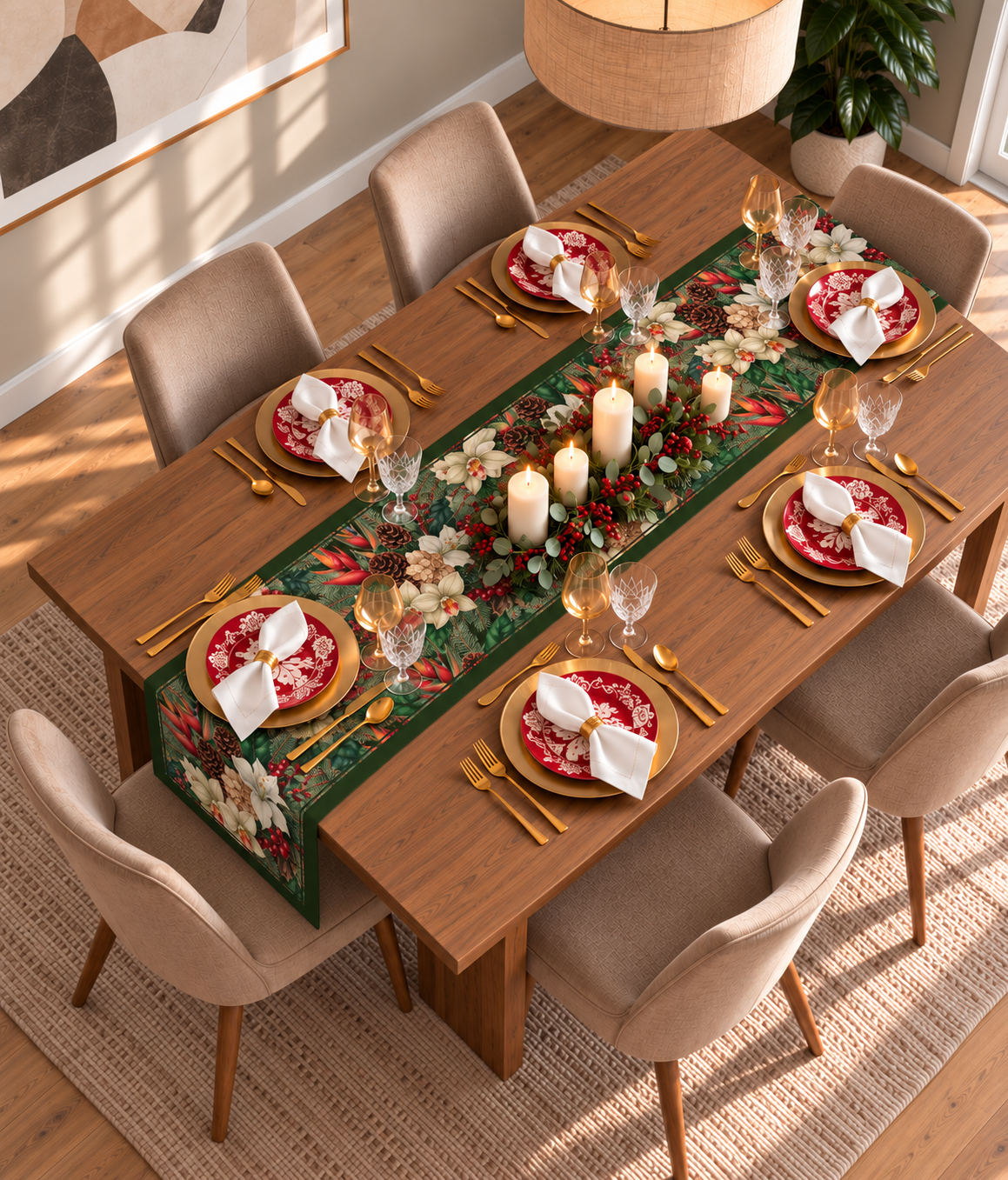 Mesa navideña elegante con camino de mesa Colombian Holidays y vajilla roja y dorada