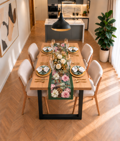 Mesa navideña con camino Evergreen Garland y centro de rosas blancas y ramas doradas