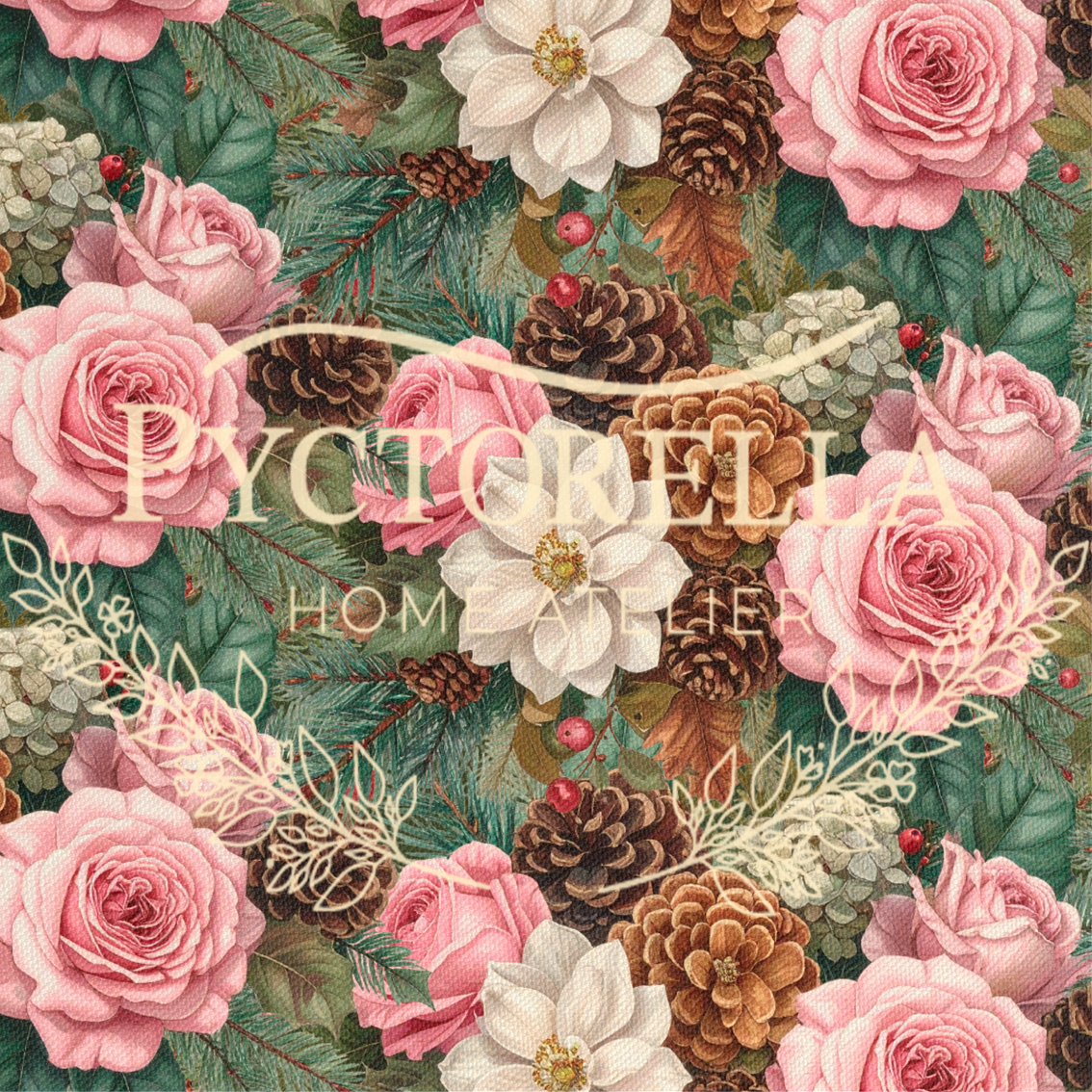 Detalle floral Evergreen Garland con rosas rosadas, flores blancas, piñas y follaje