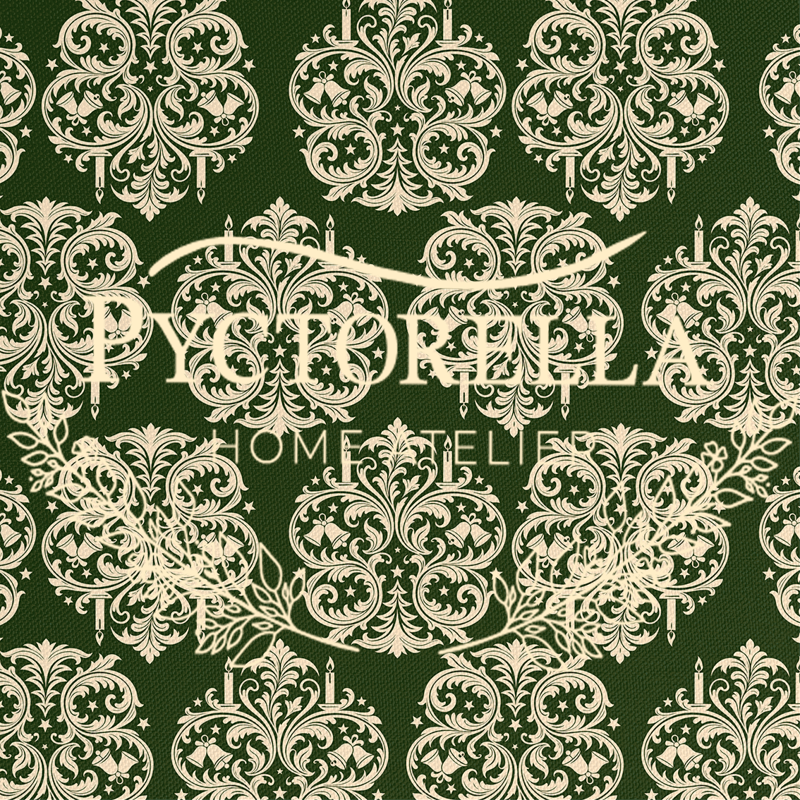 Detalle del estampado ornamental damasco de Green Christmas Library