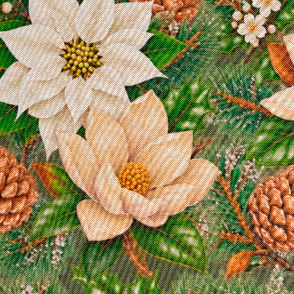 Acercamiento a la textura y estampado botánico del camino de mesa Manor Garden