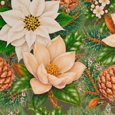Acercamiento a la textura y estampado botánico del camino de mesa Manor Garden