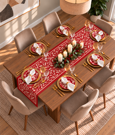 Mesa de Navidad elegante con camino Red Christmas Blooms, vajilla roja y cubiertos dorados