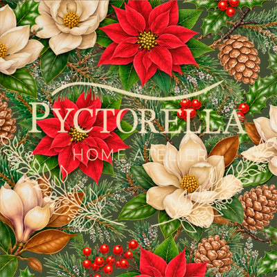 Detalle de flores de Pascua rojas y flores marfil del camino Winter Herbarium
