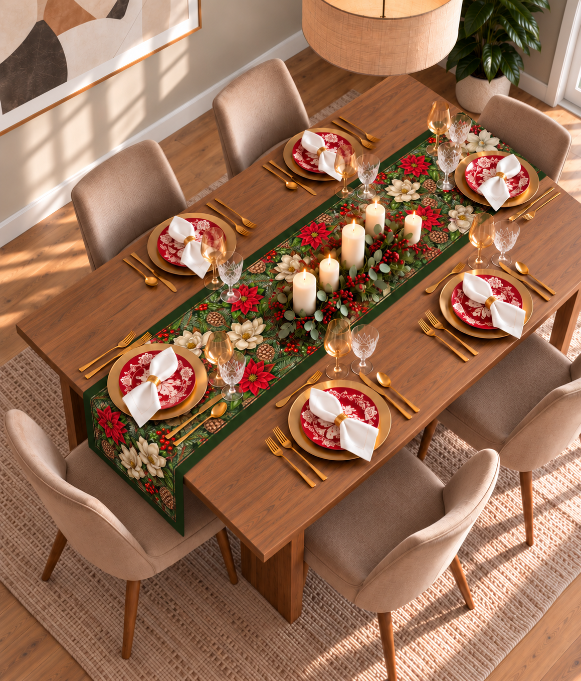 Mesa de Navidad elegante con camino de mesa Winter Herbarium y vajilla festiva